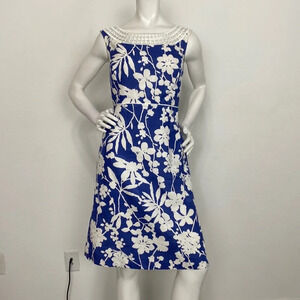 Jessica Howard Blue White Floral Boat Neck Crochet Knee Length Dress Size 12